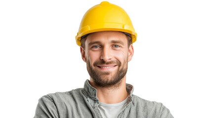 Construction worker with yellow hard hat smiling confidently on transparent PNG background
