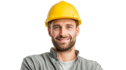 Construction worker with yellow hard hat smiling confidently on transparent PNG background