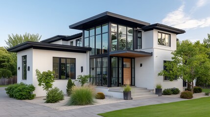 modern house with black windows and doors
a tidy garden, and a clear sky 
