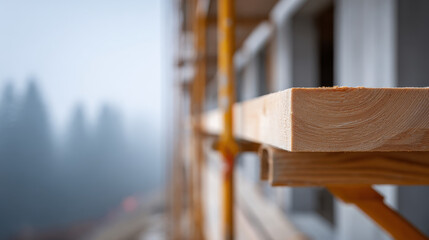 Obraz premium Close up of wooden plank on construction scaffolding with blurred background of foggy forest and building exterior, showing natural wood texture