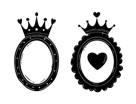 Two ornate oval frames, one plain, one with a heart