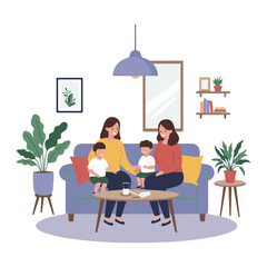 Mother reading to children at home