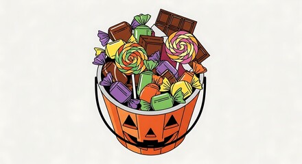 Halloween pumpkin candy bucket overflowing with assorted sweets, lollipops, chocolate bars and wrapped treats in a jack-o-lantern pail, colorful cartoon vector illustration for seasonal marketing