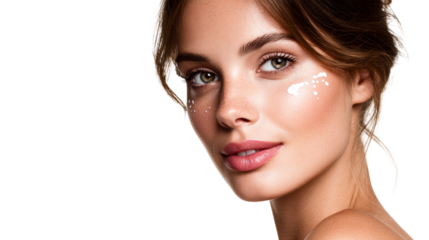 Woman with radiant skin applying eye cream with small dots on her cheek