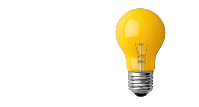 Bright yellow light bulb against black background.  A classic incandescent bulb,  smooth, glossy, and focused on center.  Metal base is visible