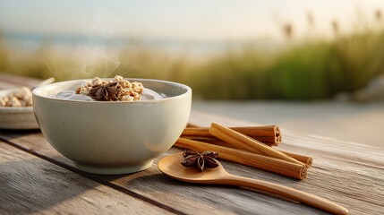 Steaming bowl of porridge topped with granola and star anise sits on  wooden table beside cinnamon sticks and  spoon