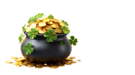 Black cauldron overflowing with gold coins and clover leaves