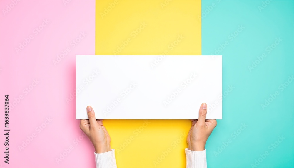 Poster a person with a focused expression holds up a blank white sheet of paper, showcasing its pristine su
