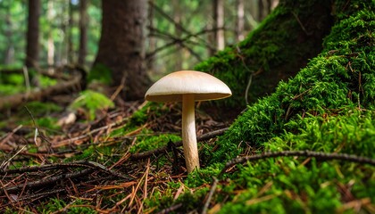 Mushroom standing amidst forest floor moss.