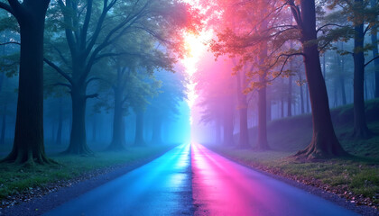 Journey Between Worlds, Mystical Forest Road with Lush Greenery and Vibrant Neon Glow, Surreal Fantasy Landscape for Travel, Tech, and Luxury Branding