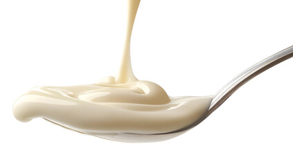 Condensed milk flowing down from a metal spoon isolated on a transparent background