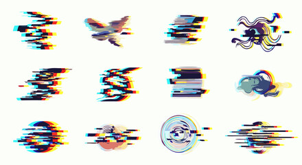 Abstract glitch art featuring vibrant color distortions and pixelated motion effects across a digital canvas showcasing dynamic visual disruptions