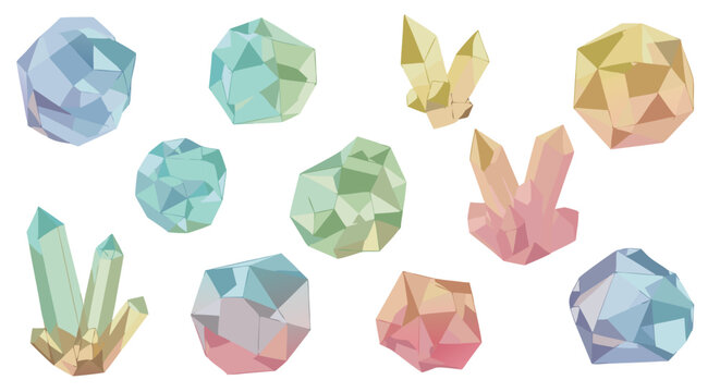 Abstract geometric low-poly shapes in pastel colors including spheres and rabbits with angular facets creating a playful and modern digital art