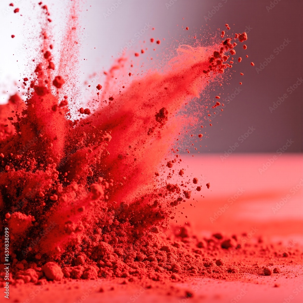Poster A vibrant pile of fine red powder sits on a smooth, white surface, casting soft shadows, with a few scattered grains adding texture and depth.