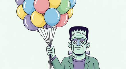 Playful Frankenstein cartoon holding colorful party balloons, cute flat vector Halloween monster illustration for greeting cards, party invitations, kids birthday and holiday decor
