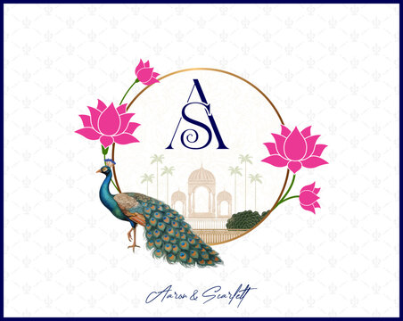 Elegant Indian wedding logo with golden circular frame, pink lotus flowers, peacock illustration, and Palace in the background, featuring stylish couple initials A and S