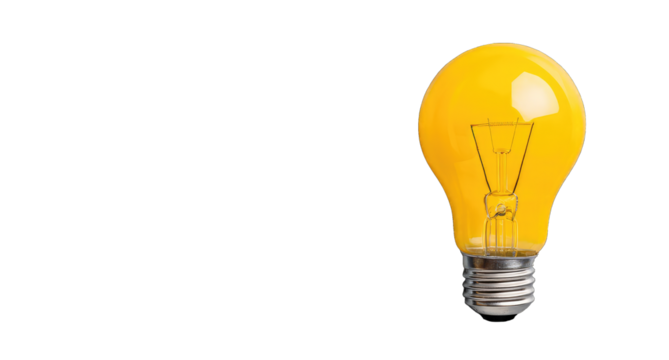 A bright yellow incandescent lightbulb against a black background.  The bulb is glossy and centered, with a visible filament
