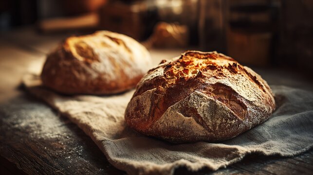 artisan bread freshly baked on rustic linen natural warm lighting - Powered by Adobe