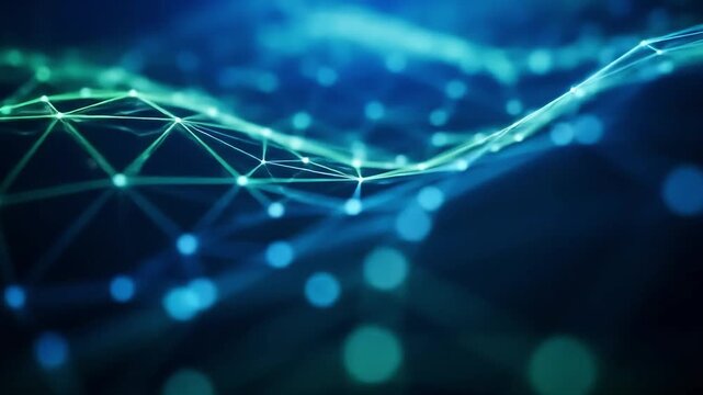 Vibrant abstract network of glowing blue and green interconnected nodes on a dark background.