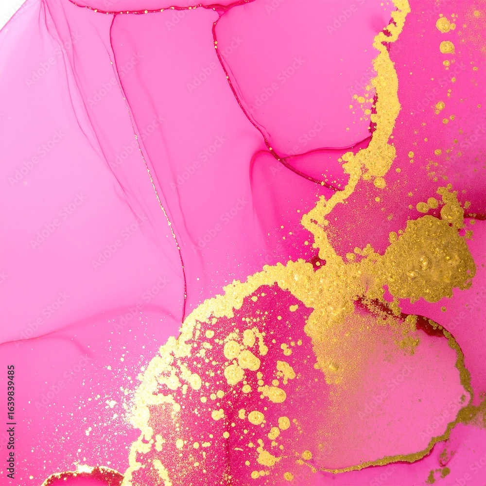 Poster a vibrant abstract painting featuring swirling shades of pink and shimmering gold, creating a dynami