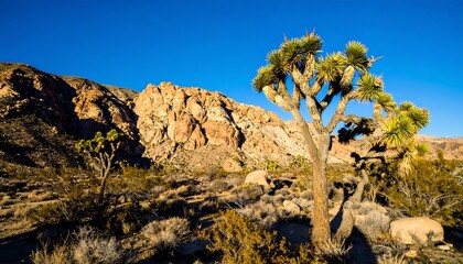 Joshua tree and sandstone mountains under a clear blue sky.