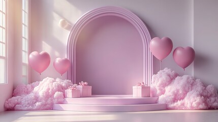 Valentine's Day Display with Podium, Heart Balloons and Gift Boxes in Pastel Pink, Arched Door Background for E-commerce Mockup