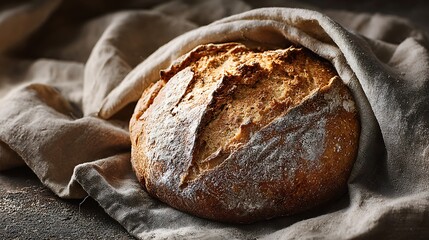 freshly baked bread on rustic linen natural soft warm lighting detailed texture
