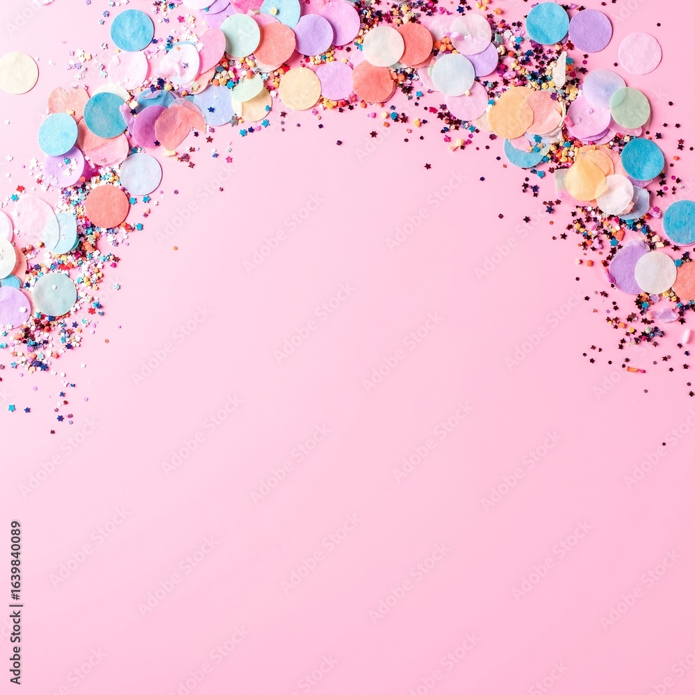 Poster A vibrant pink background adorned with colorful confetti and a variety of festive balloons in different shapes and sizes, creating a joyful atmosphere.