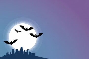 Halloween Vector Flat Design Background — Black Bat Silhouettes (5) Flying Full Moon Blue‑Purple Gradient City Skyline, Minimalist Night Scene Copy Space Flyer & Social Media Banner