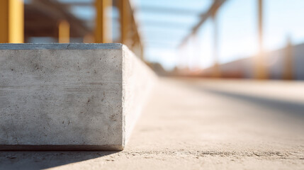 Concrete block close up with blurred construction site background showing texture and structure in soft natural light