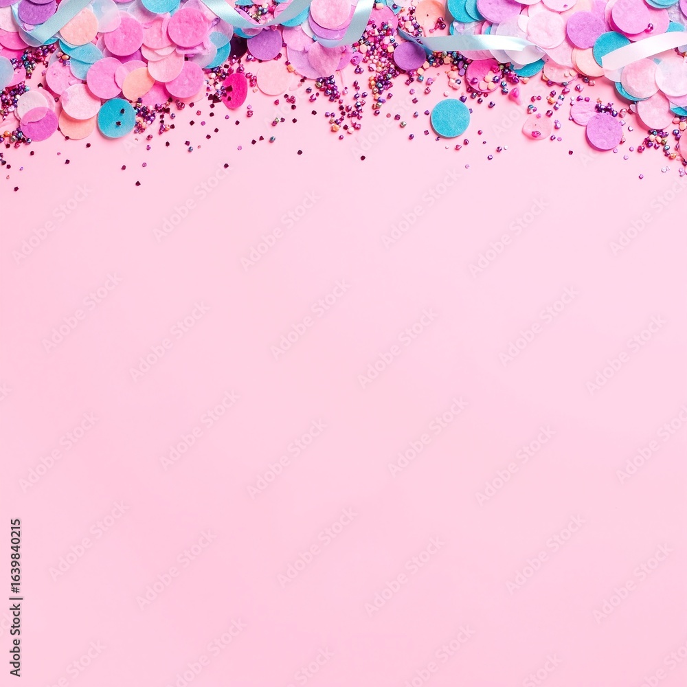 Poster a vibrant pink background adorned with colorful confetti, featuring a mix of shapes and sizes, creat
