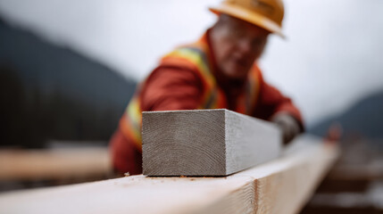 Wood plank close up with blurred construction worker wearing safety vest and helmet in background, outdoor worksite scene