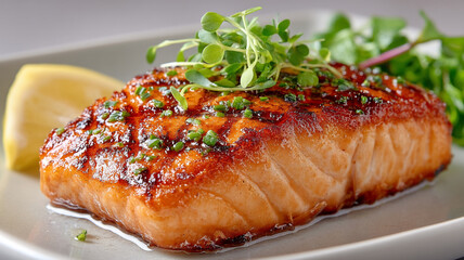 healthy grilled salmon fillet with fresh rosemary and green beans