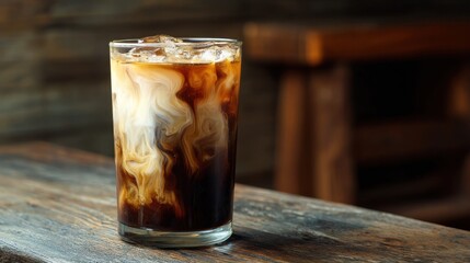 glass of cola on wooden table