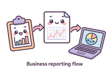 Business reporting flow illustration with chart, clipboard, and laptop business reporting flow