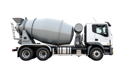 Cement mixer truck with large rotating drum, designed for transporting concrete. vehicle features robust build and is essential for construction
