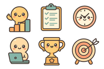 Cute cartoon characters representing productivity and success results-centric layout