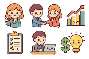 Business illustrations of professionals engaging in financial activities business environment layout