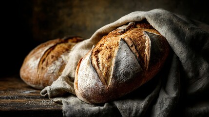 artisan bread freshly baked on rustic linen natural warm lighting close up