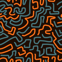 Seamless pattern with hand drawn smooth random curved lines in grey orange colors on a dark background. Vector illustration for decorating your designs in an abstract style