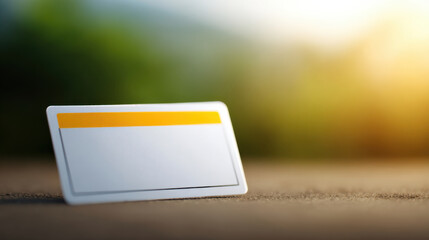 Blank card with yellow stripe on wooden surface with warm natural sunlight and blurred green background