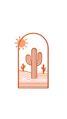 Desert landscape graphic with stylized sun and cacti.  Arch-shaped frame