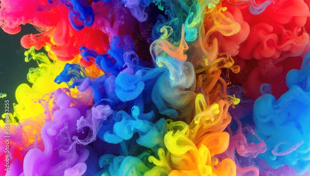 Poster a vibrant rainbow-colored liquid swirls gracefully as it is blended with clear water, creating a mes