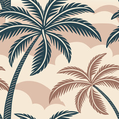 Stylized Palm Trees and Clouds Pattern in Teal and Brown on Beige tropical seamless