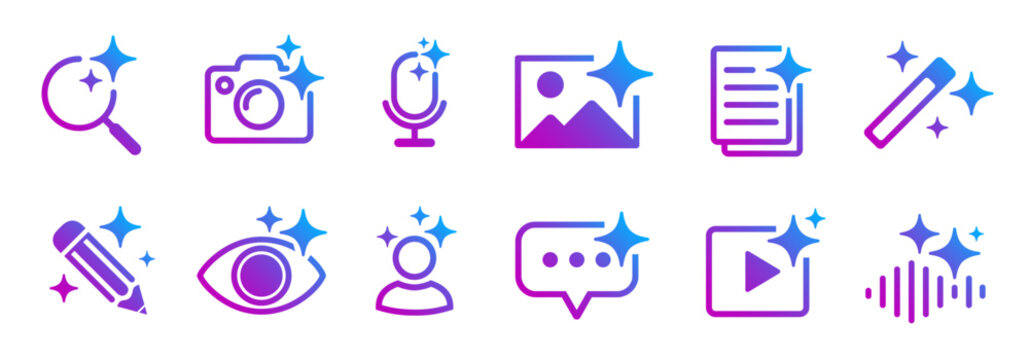 AI generate icon set ai. AI assistant tool icons and app buttons, sparkle star artificial intelligence star logo