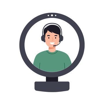 Young man with headset smiling into webcam for online communication