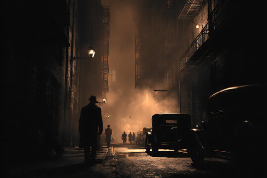 Fototapeta Silhouetted Men in Fedoras on a Foggy, Lamplit Cobblestone Alley with Vintage Cars