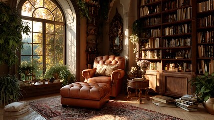 Cozy reading nook with grand window and bookshelves