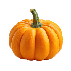 Bright orange pumpkin sitting on a white background, ideal for autumn decorations or Halloween festivities