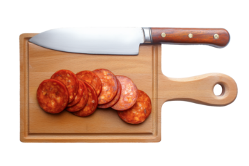 Sliced chorizo on a wooden prep board